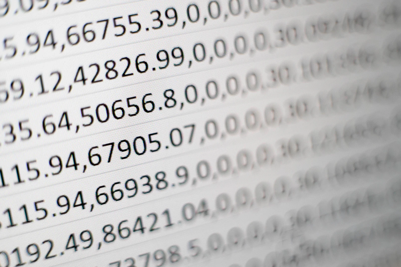 Close-up of raw comma-separated numbers on a screen