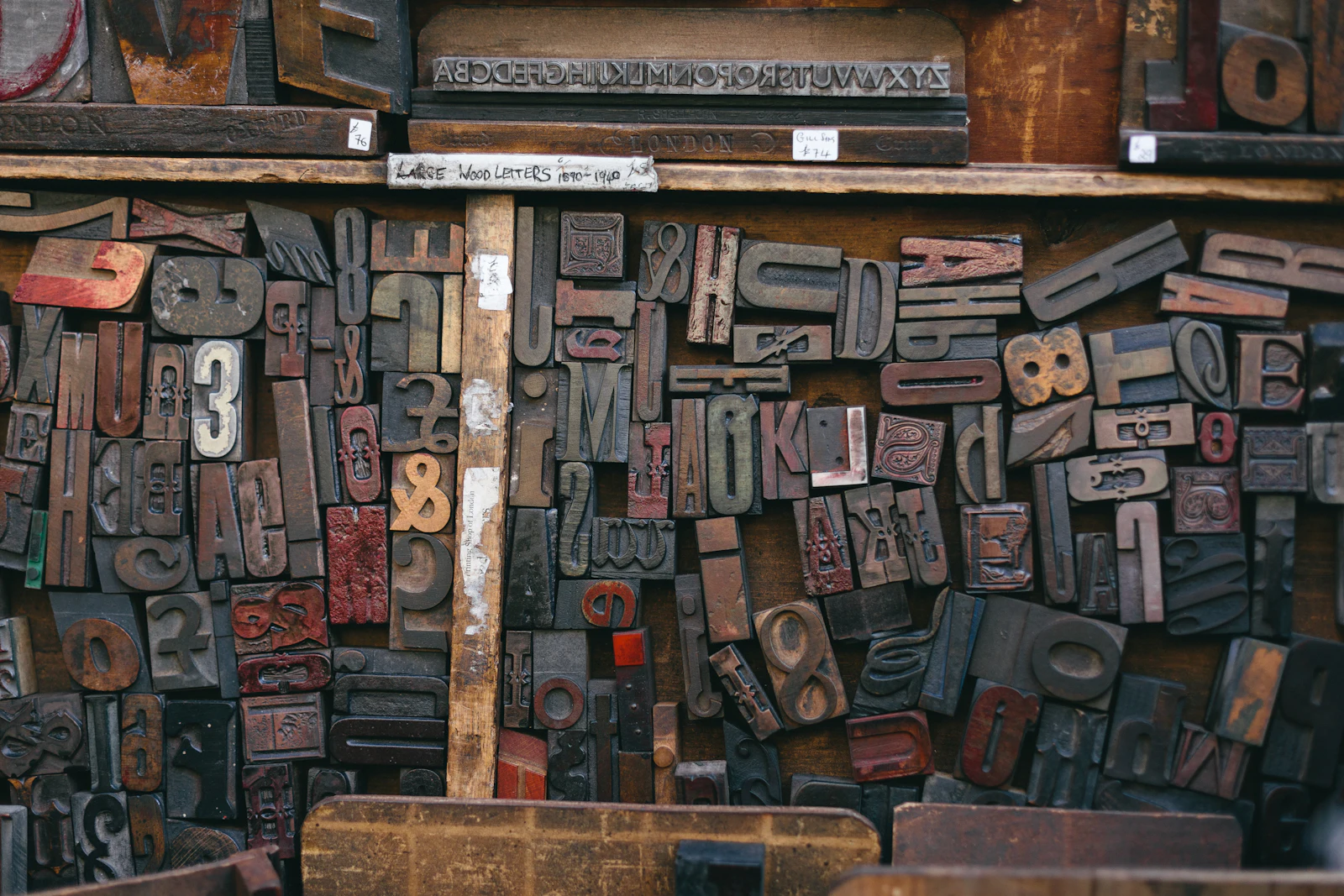 Drawers of wooden letterpress type in a print shop